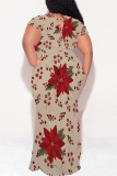 Khaki Sexy Floral Print Lace Up V Neck Printed Plus Size Dresses