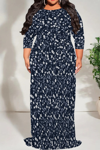 Tibetan Blue Casual Print Patchwork Strap Design O Neck Long Plus Size Dresses