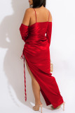 Red Sexy Solid Color Draw String Lace Up Backless Spaghetti Strap Long Dresses