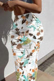 White Green Casual Floral Print Contrast Skinny High Waist Full Print Bottoms
