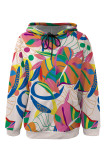 Light Pink Casual Geometric Print Flowers Draw String Pocket Hooded Tops
