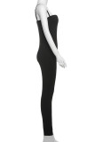 Black Casual Solid Color Patchwork Backless Spaghetti Strap Skinny Jumpsuits