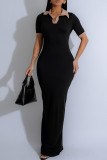 Coffee Casual Patchwork Contrast Turndown Collar Long Dresses