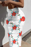White Green Casual Floral Print Contrast Skinny High Waist Full Print Bottoms