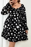 Black Casual Polka Dot Print Basic V Neck Long Sleeve Plus Size Dresses