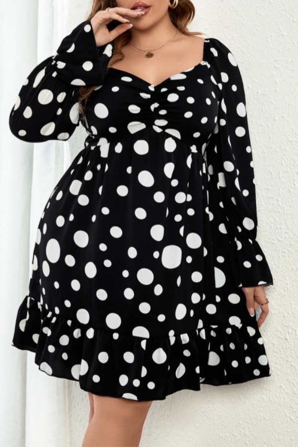 Black Casual Polka Dot Print Basic V Neck Long Sleeve Plus Size Dresses