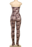 Leopard Print Sexy Print Hollow Out Patchwork Backless Strapless Skinny Jumpsuits