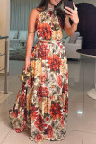 Red Elegant Print Patchwork Strap Design O Neck Long Dresses