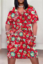 Red Casual Letter Print Flowers Leopard Pocket Contrast V Neck Printed Plus Size Dresses