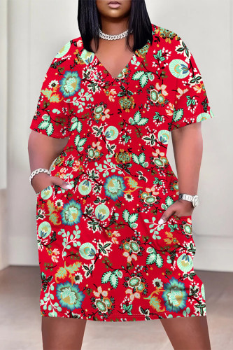 Red Casual Letter Print Flowers Leopard Pocket Contrast V Neck Printed Plus Size Dresses