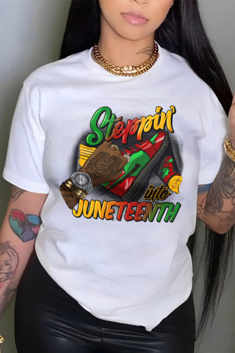 White Casual Graffiti Print Letters O Neck T-Shirts