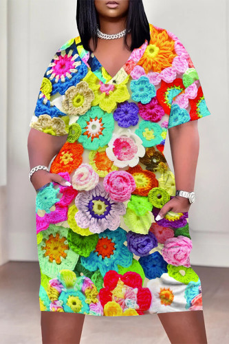 Colour Casual Letter Print Flowers Leopard Pocket Contrast V Neck Printed Plus Size Dresses