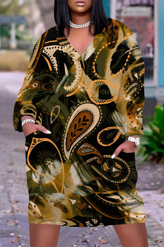 Brown Casual Chain print Newspaper printing Pocket Contrast V Neck Printed Plus Size Dresses