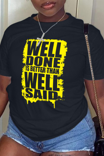 Black Casual Letter Print Contrast O Neck T-Shirts