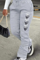 Grey Casual Print Draw String Pocket Patchwork Regular Mid Waist Conventional Positioning Print Bottoms