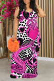 Pink Sexy Heart Pattern Leopard Contrast O Neck Printed Dresses