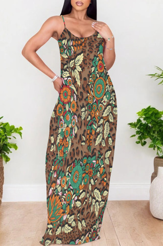 Brown Sexy Leopard Print Pocket Contrast U Neck Printed Dresses