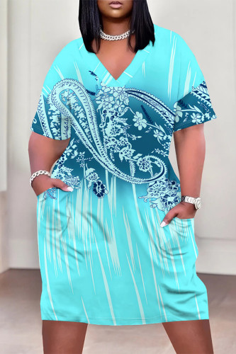 Lake Blue Casual Geometric Print Poker Pocket Contrast V Neck Printed Plus Size Dresses