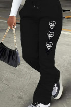 Black Casual Print Draw String Pocket Patchwork Regular Mid Waist Conventional Positioning Print Bottoms