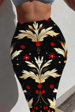 White Green Casual Floral Print Contrast Skinny High Waist Full Print Bottoms