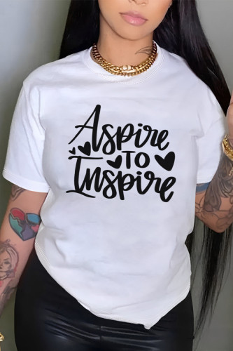 White Casual Letter Print Contrast O Neck T-Shirts