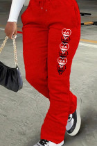 Red Casual Print Draw String Pocket Patchwork Regular Mid Waist Conventional Positioning Print Bottoms