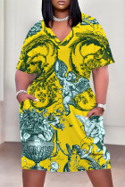 Yellow Casual Geometric Print Poker Pocket Contrast V Neck Printed Plus Size Dresses