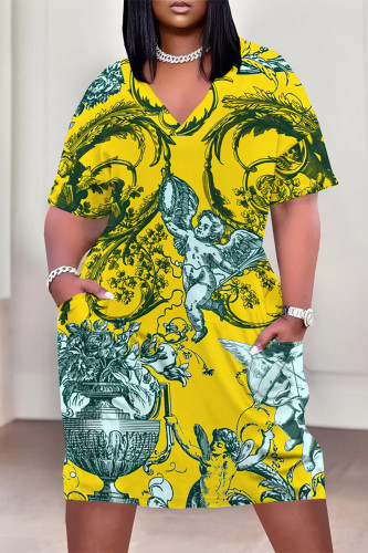 Yellow Casual Geometric Print Poker Pocket Contrast V Neck Printed Plus Size Dresses