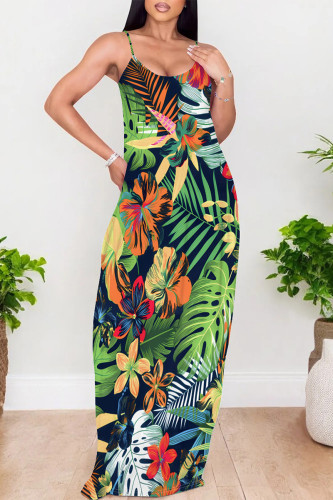 Green Sexy Floral Print Pocket Contrast U Neck Printed Dresses