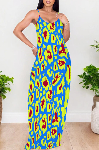 Blue Sexy Leopard Print Pocket Contrast U Neck Printed Dresses