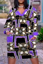 Purple Casual Chain print Newspaper printing Pocket Contrast V Neck Printed Plus Size Dresses