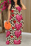 Apricot Casual Street Butterfly Love Print Leopard Contrast O Neck Printed Dresses