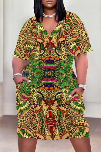 Brown Yellow Casual Geometric Print Poker Pocket Contrast V Neck Printed Plus Size Dresses