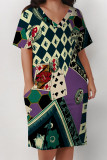 Brown Yellow Casual Geometric Print Poker Pocket Contrast V Neck Printed Plus Size Dresses
