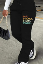Black Casual Print Draw String Pocket Patchwork Regular Mid Waist Conventional Positioning Print Bottoms