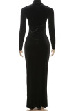 Black Elegant Print Patchwork Half A Turtleneck Long Dresses