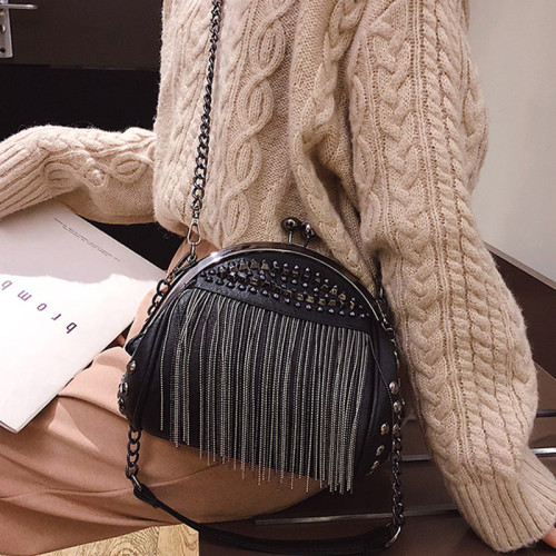 Black Daily Fringed Trim Rivets Bags