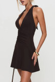 Brown Elegant Solid Color Patchwork Backless Ruched Halter Dresses