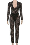 Blue Sexy Solid Color Lace Patchwork See-Through V Neck Long Sleeve Two Pieces