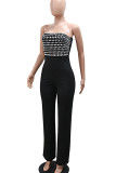 Black Casual Patchwork Backless Hot Drill Strapless Regular Jumpsuits