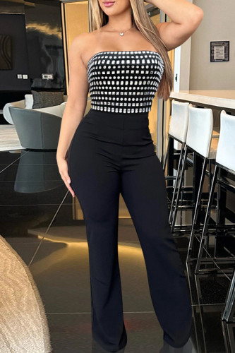 Black Casual Patchwork Backless Hot Drill Strapless Regular Jumpsuits