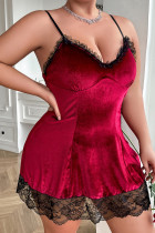 Burgundy Sexy Lace Patchwork Backless Lingerie