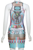 Colour Sexy Print Patchwork O Neck Wrapped Skirt Dresses
