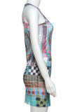 Colour Sexy Print Patchwork O Neck Wrapped Skirt Dresses