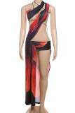Red Sexy Print Hollow Out Patchwork Asymmetrical Collar Irregular Dresses