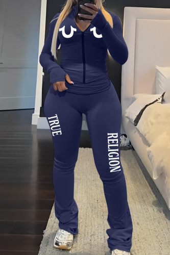 Deep Blue Casual Letters Patchwork Zipper Zipper Collar Long Sleeve Two Pieces