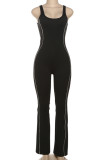 Black Casual Patchwork Backless Contrast U Neck Skinny Jumpsuits