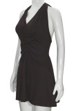 Brown Elegant Solid Color Patchwork Backless Ruched Halter Dresses