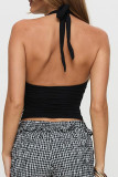Black Sexy Solid Color Patchwork Backless Strap Design Halter Tops