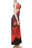 Red Sexy Print Hollow Out Patchwork Asymmetrical Collar Irregular Dresses